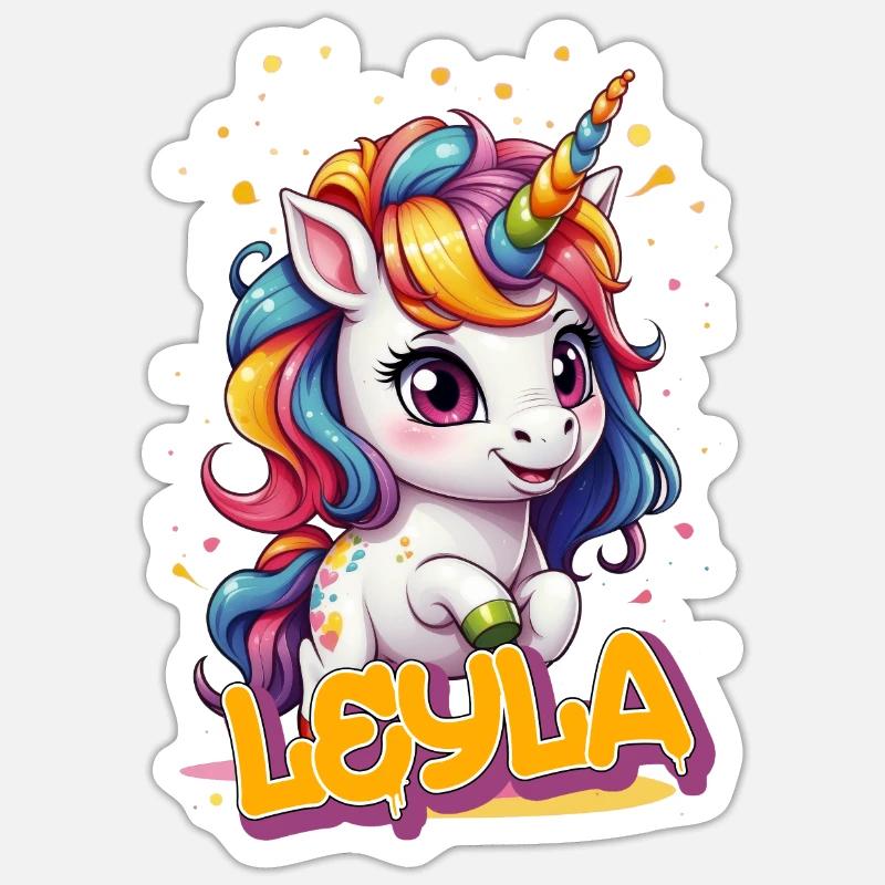 LEYLA - Schöner Mädchen Name mit süßem Einhorn - Sticker Größe S (10 x 10 cm) - Mattweiß