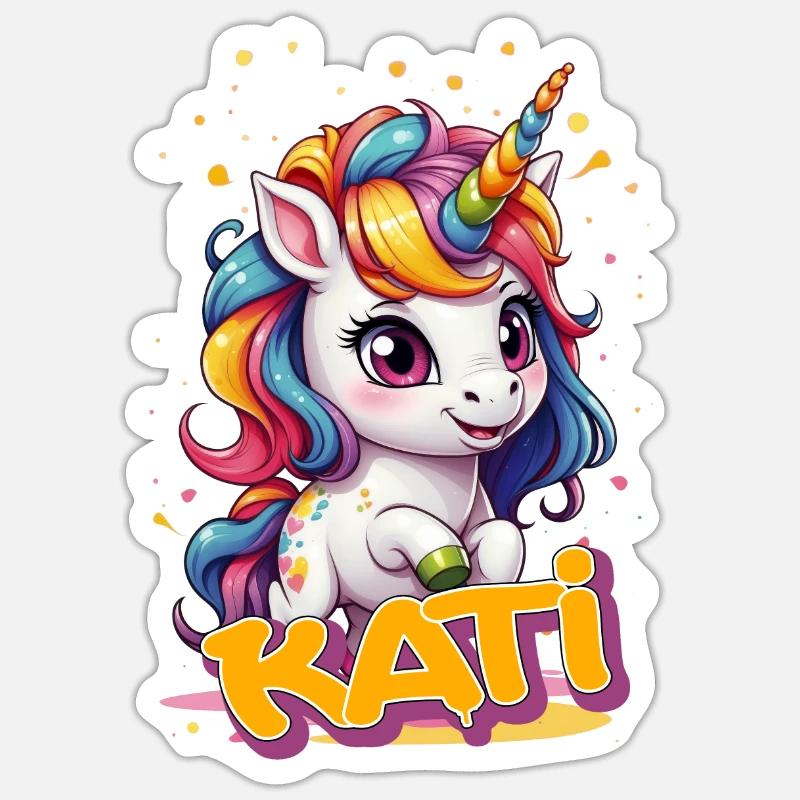 KATI - Schöner Mädchen Name mit süßem Einhorn - Sticker Größe S (10 x 10 cm) - Mattweiß