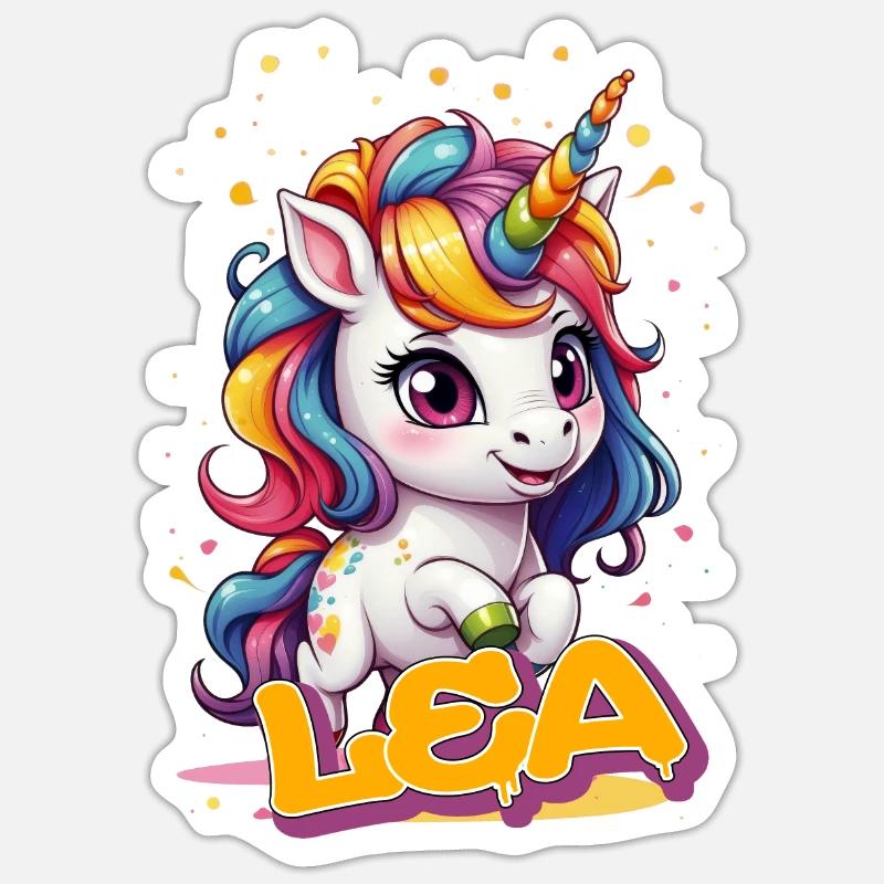 LEA - Schöner Mädchen Name mit süßem Einhorn - Sticker Größe S (10 x 10 cm) - Mattweiß
