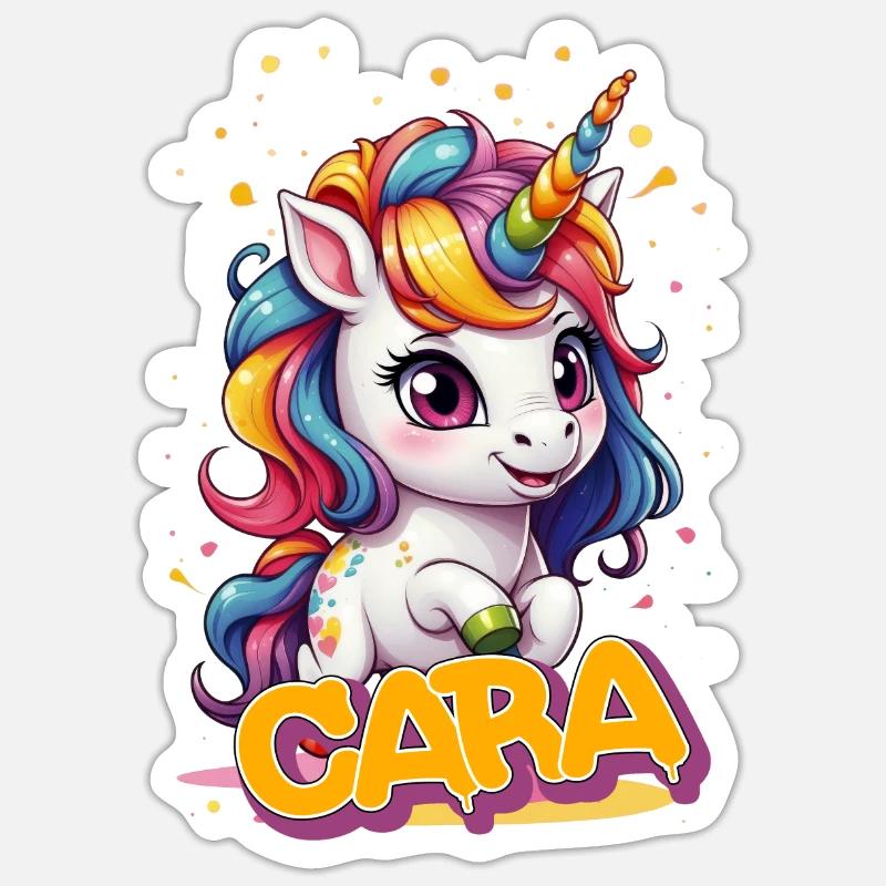 CARA - Schöner Mädchen Name mit süßem Einhorn Sticker Größe S (10 x 10 cm)