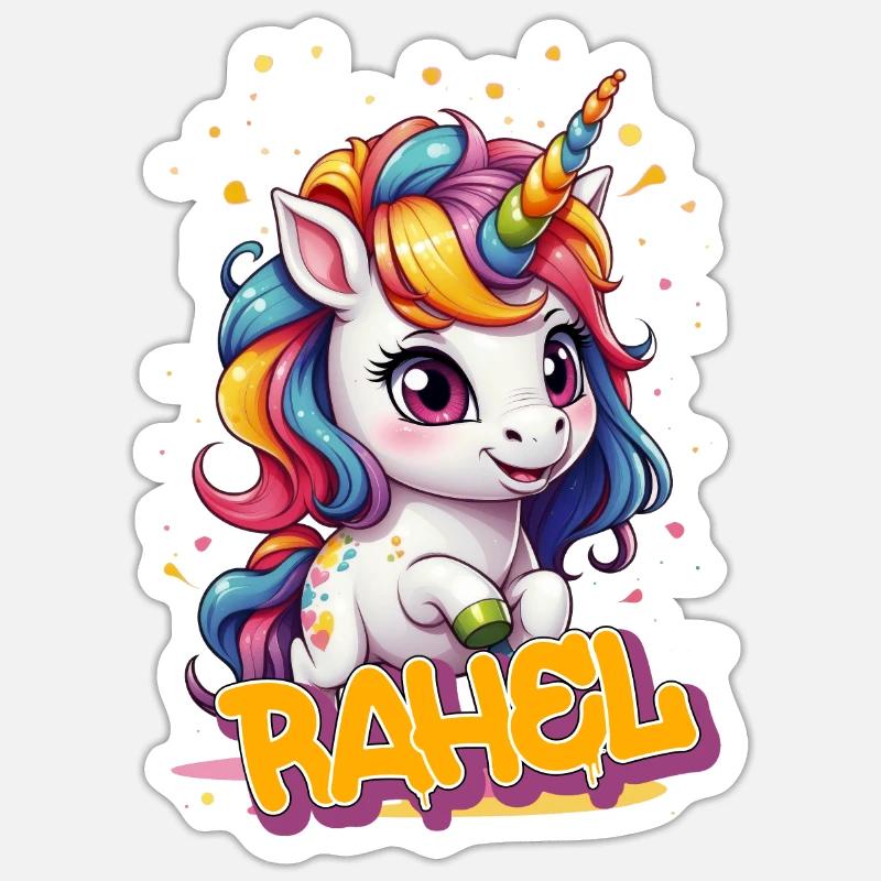 RAHEL - Schöner Mädchen Name mit süßem Einhorn Sticker Größe S (10 x 10 cm)