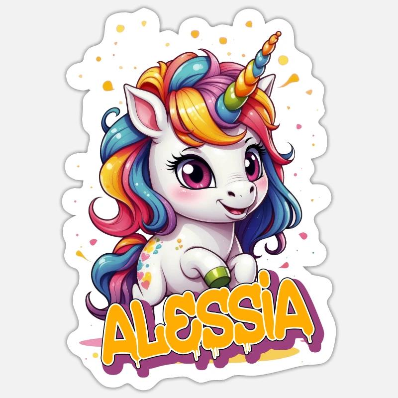 ALESSIA - Schöner Mädchen Name mit süßem Einhorn - Sticker Größe S (10 x 10 cm) - Mattweiß