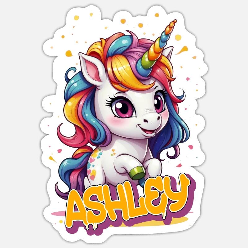 ASHLEY - Schöner Mädchen Name mit süßem Einhorn Sticker Größe S (10 x 10 cm)