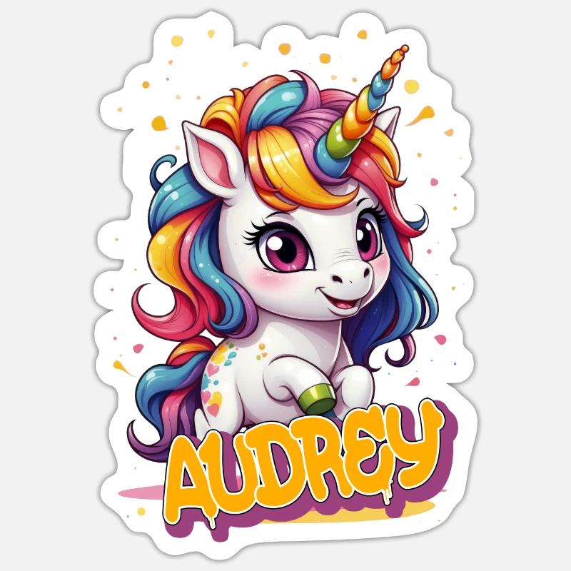 AUDREY - Schöner Mädchen Name mit süßem Einhorn Sticker Größe S (10 x 10 cm)