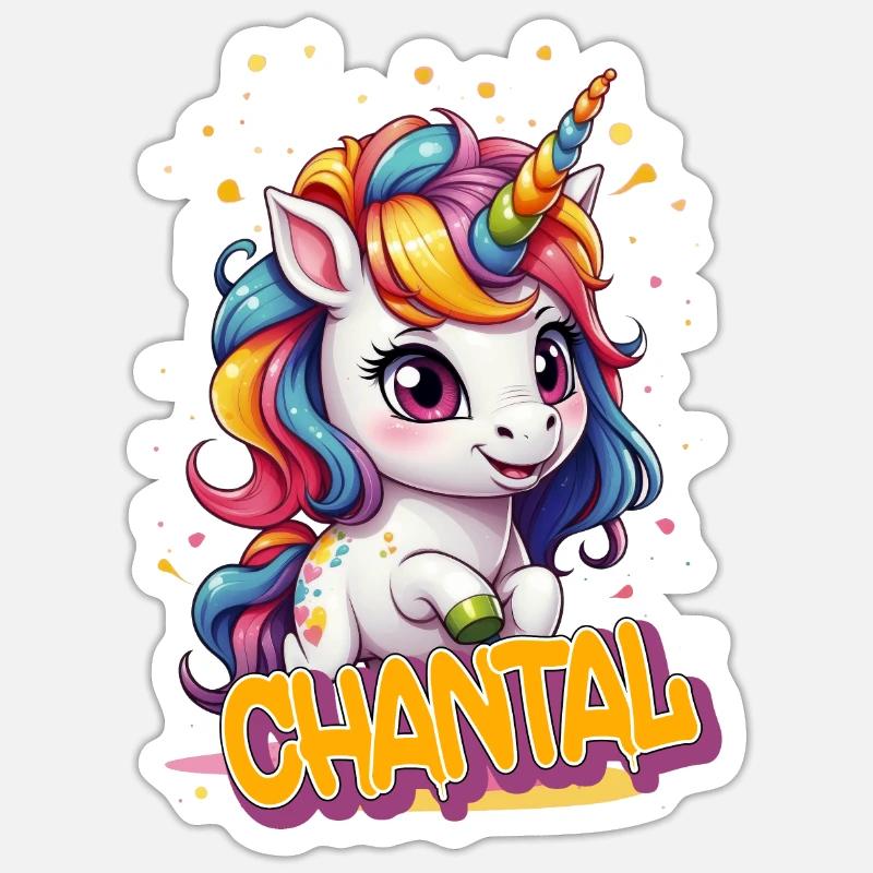 CHANTAL - Schöner Mädchen Name mit süßem Einhorn - Sticker Größe S (10 x 10 cm) - Mattweiß
