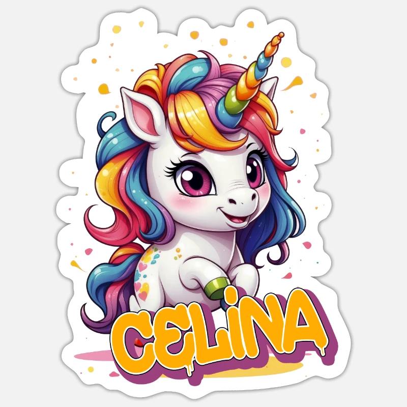 CELINA - Schöner Mädchen Name mit süßem Einhorn Sticker Größe S (10 x 10 cm)