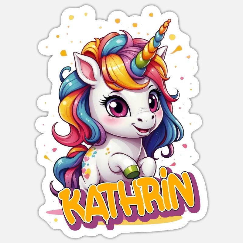 KATHRIN - Schöner Mädchen Name mit süßem Einhorn - Sticker Größe S (10 x 10 cm) - Mattweiß