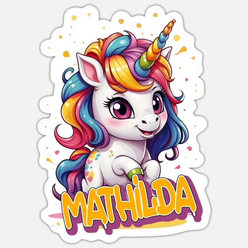 MATHILDA - Schöner Mädchen Name mit süßem Einhorn Sticker Größe S (10 x 10 cm)
