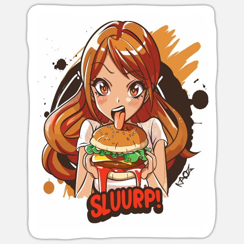 Anime-Mädchen liebt große Burger - Sticker Größe S (10 x 10 cm) - Mattweiß