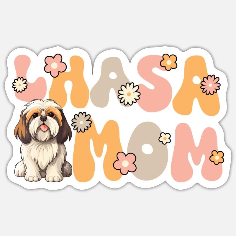 Lhassa Apso Groovy Lhassa Maman - Sticker taille S (10 x 10 cm) - blanc mat