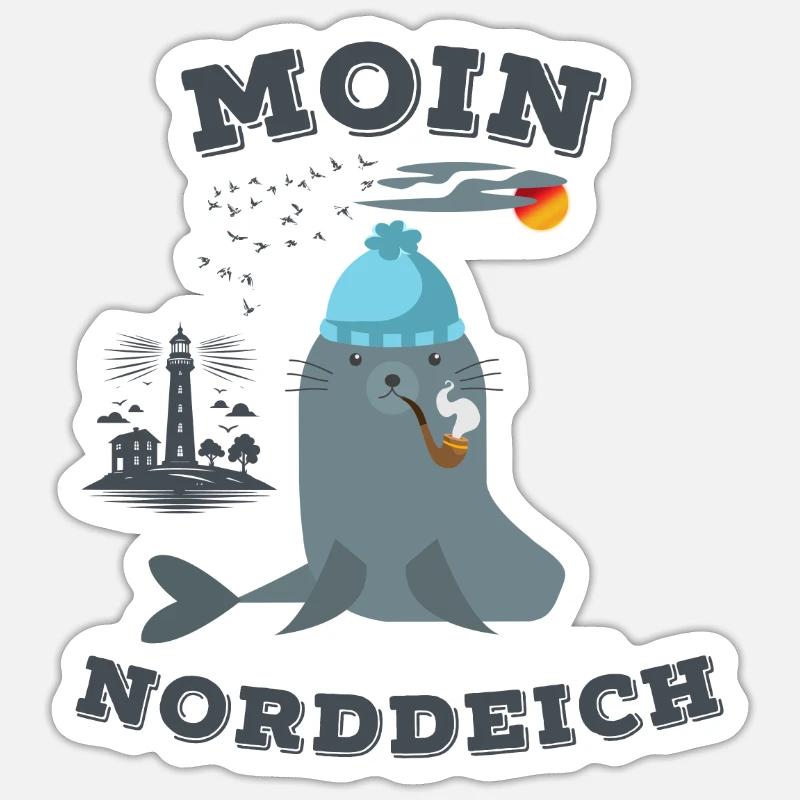Moin Norddeich Robbe Leuchtturm Seemöwe Strand - Sticker Größe S (10 x 10 cm) - Mattweiß