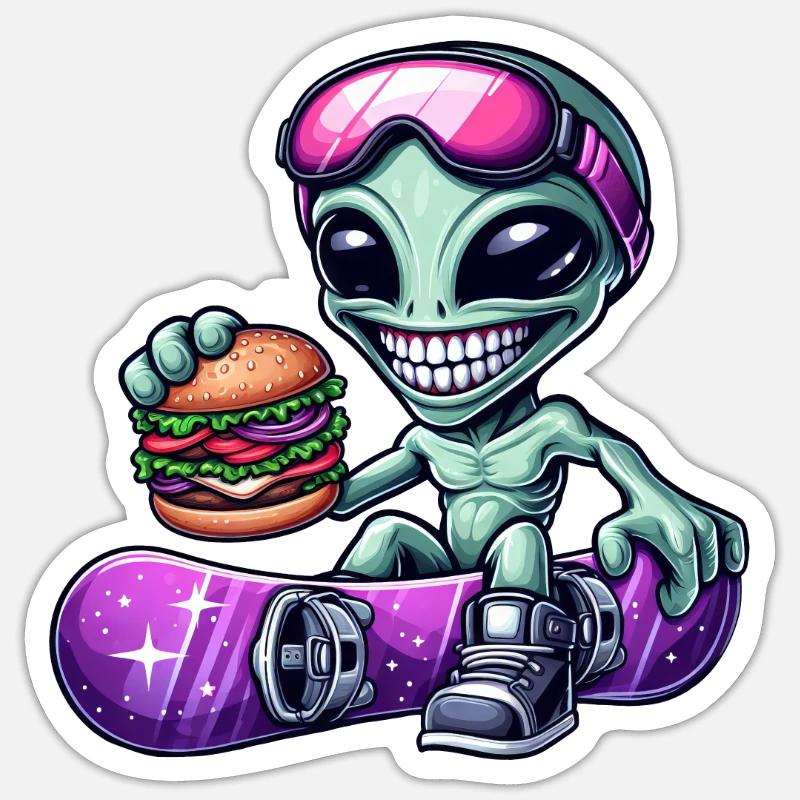Alien Snowboarder Hamburger Restauration Rapide - Sticker taille S (10 x 10 cm) - blanc mat