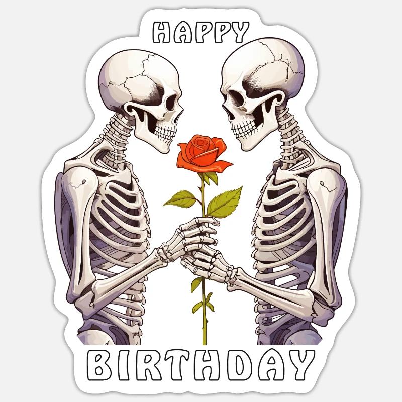 SQUELETTE JOYEUX ANNIVERSAIRE - Sticker taille S (10 x 10 cm) - blanc mat
