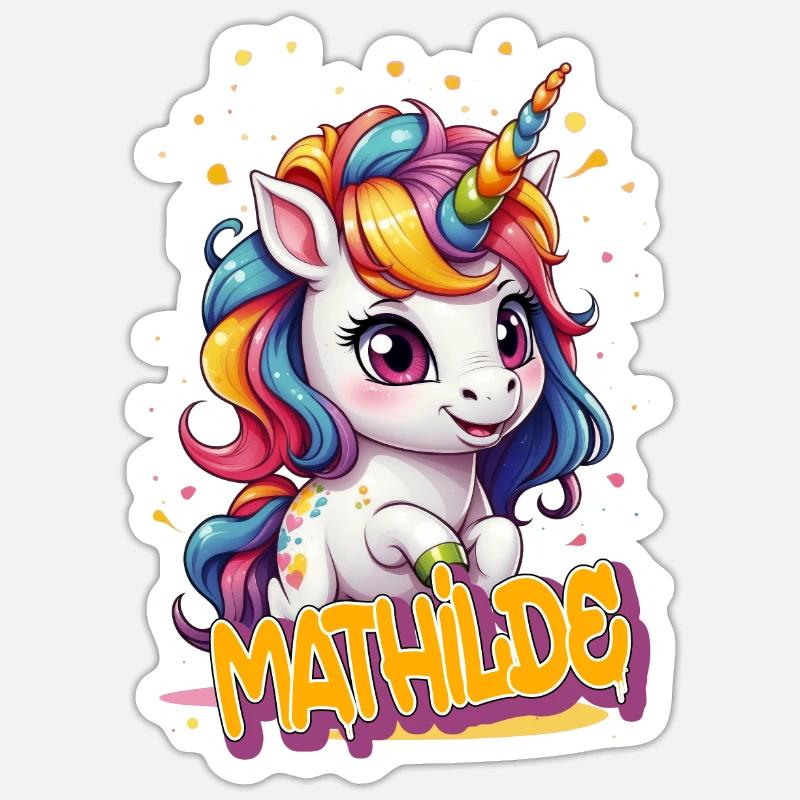 MATHILDE - Schöner Mädchen Name mit süßem Einhorn Sticker Größe S (10 x 10 cm)