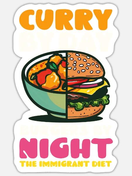 Amerikanisches Indianer-Curry bei Tag, Burger bei Nacht - Sticker Größe S (10 x 10 cm) - Mattweiß