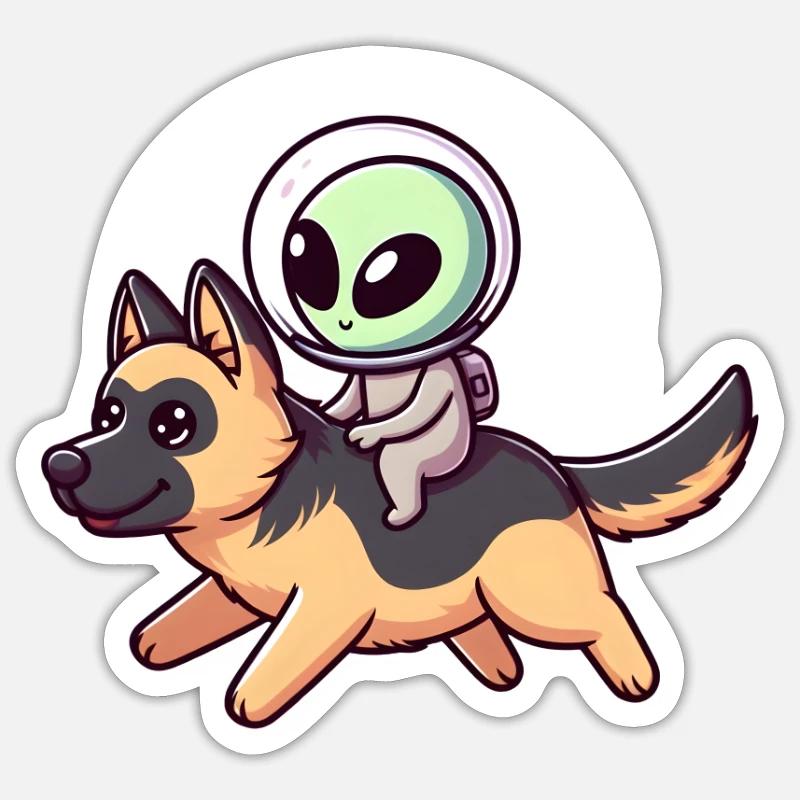 Alien on German Shepherd - Sticker size S (10 x 10 cm) - white matte