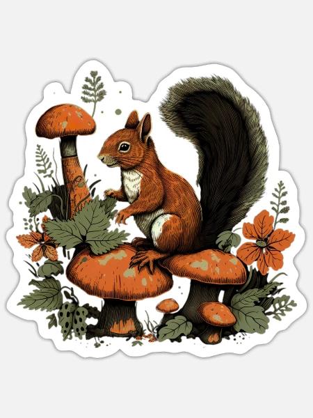 Herbst Eichhörnchen auf Orange Pilz Wald Szene - Sticker Größe S (10 x 10 cm) - Mattweiß