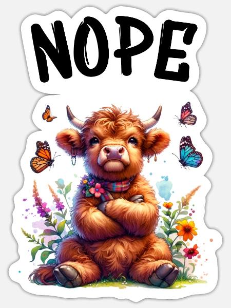 Highland-Kuh Spruch Nope für Jungen und Mädchen - Sticker Größe S (10 x 10 cm) - Mattweiß