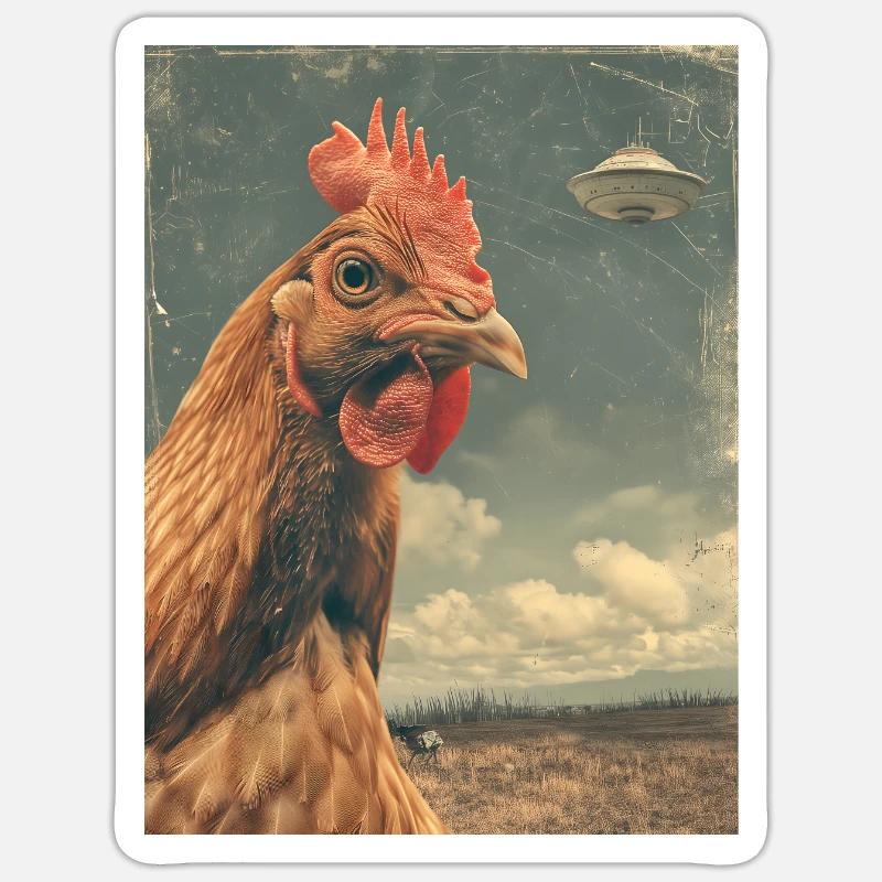 Hühner Chicken UFO Alien Raumschiff Weirdcore - Sticker Größe S (10 x 10 cm) - Mattweiß