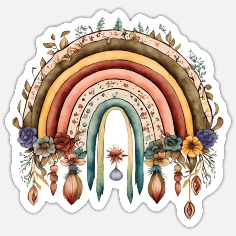 Boho Regenbogen mit Blumen - Sticker Größe S (10 x 10 cm) - Mattweiß