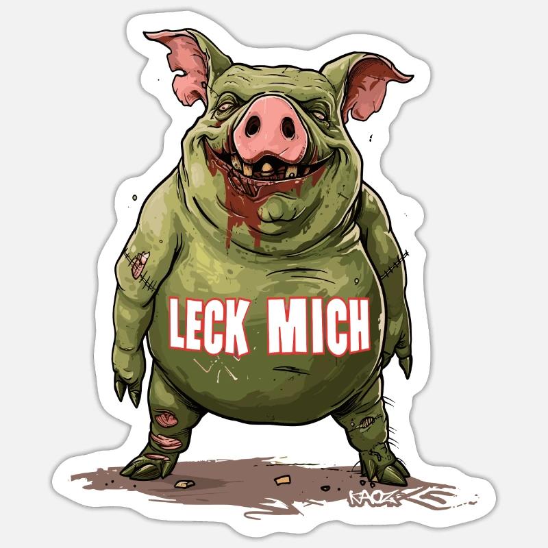 Cochon zombie drôle vert : Lèche-moi - Sticker taille S (10 x 10 cm) - blanc mat