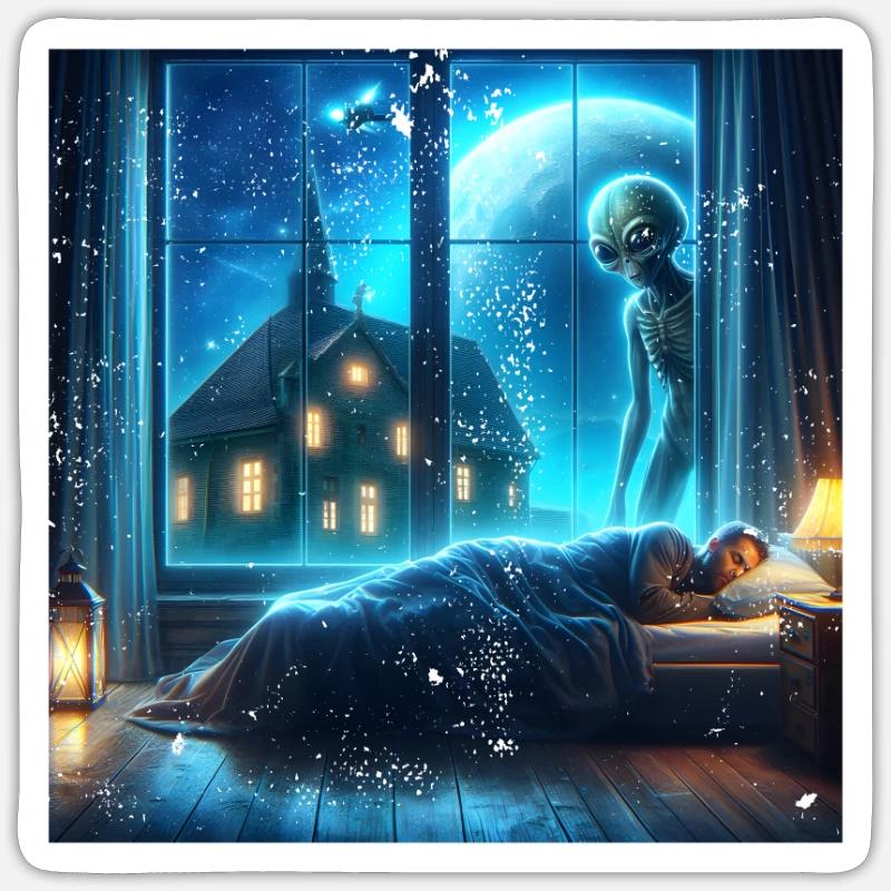 Alien observes sleeping human Sticker size S (10 x 10 cm)