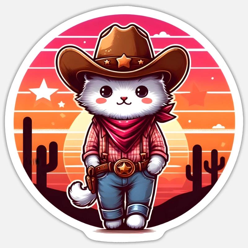 Chat cowboy - Sticker taille S (10 x 10 cm) - blanc mat
