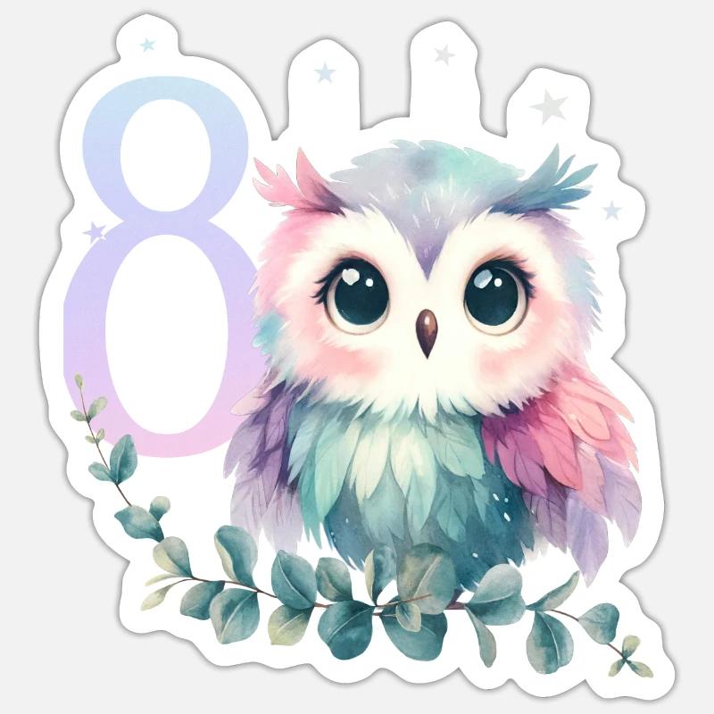 Geburtstag 8 Eule Achter Geburtstag Mädchen 8 Jahr Sticker Größe S (10 x 10 cm)