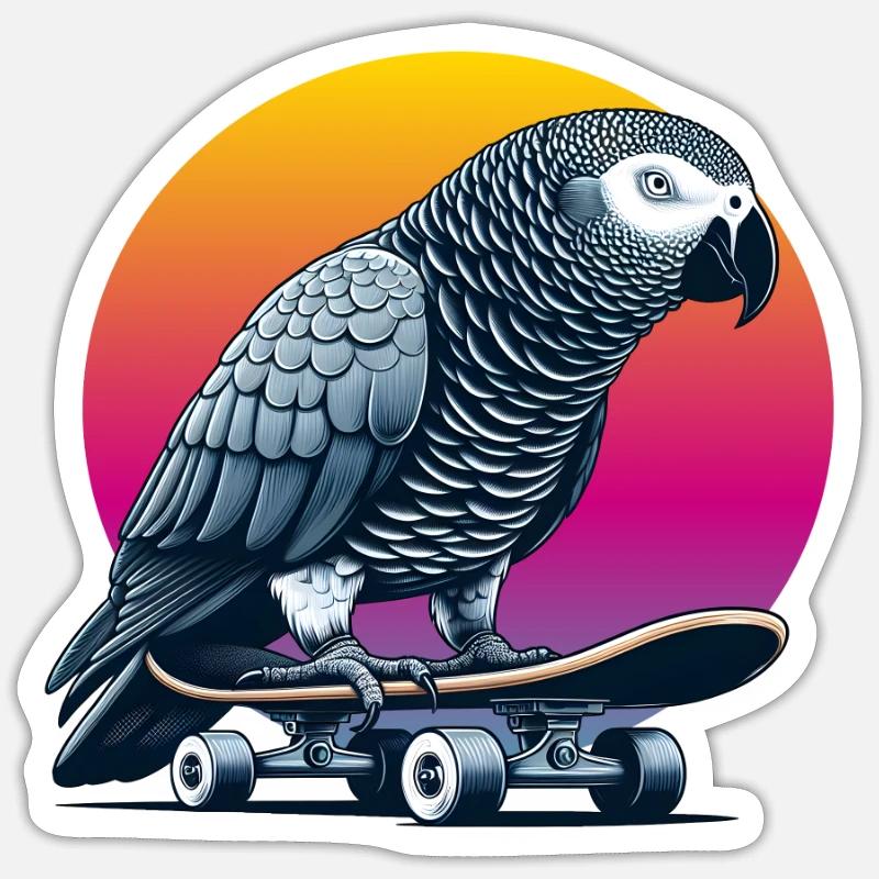 Graupapagei auf Skateboard - Sticker Größe S (10 x 10 cm) - Mattweiß