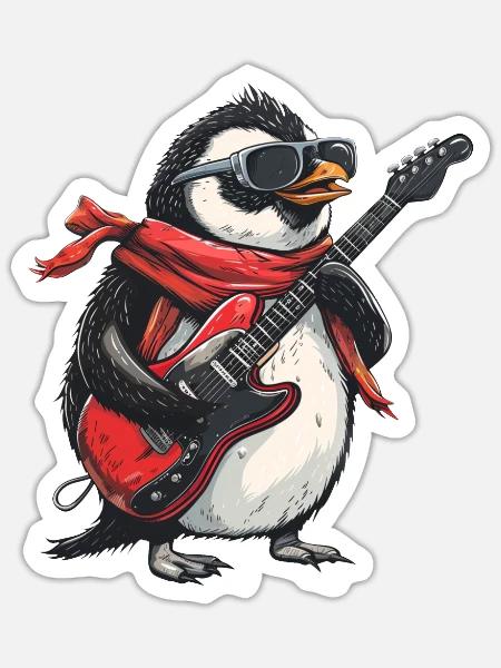Pinguin E-Gitarre Rock Kawaii Pinguin - Sticker Größe S (10 x 10 cm) - Mattweiß