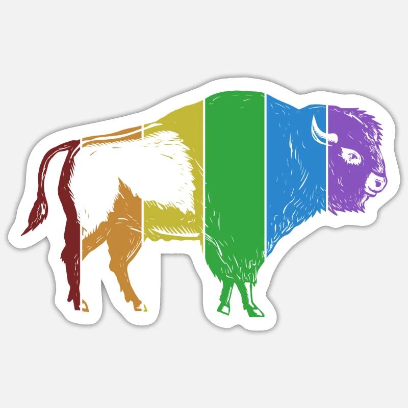 Bison LGBT Regenbogen Büffel Bovinae Amerikanischer Bison - Sticker Größe S (10 x 10 cm) - Mattweiß
