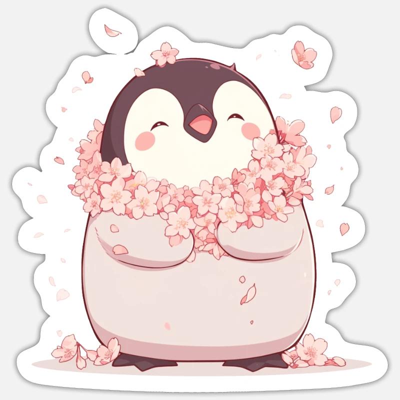 Pingouin Fleurs de cerisier Pingouin japonais mignon - Sticker taille S (10 x 10 cm) - blanc mat