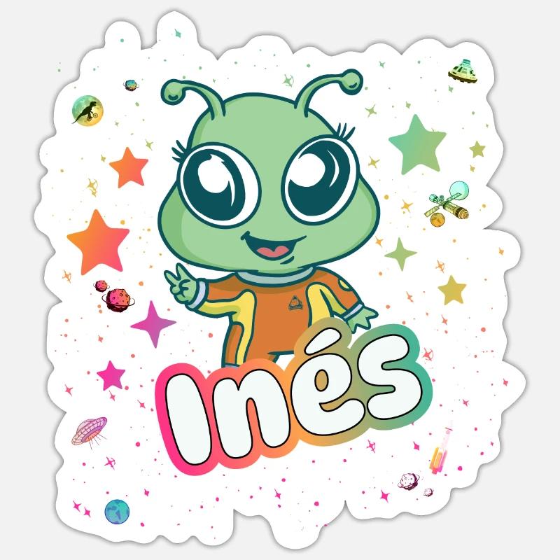 INÉS - Schöner Mädchen Name mit süßem Alien Sticker Größe S (10 x 10 cm)