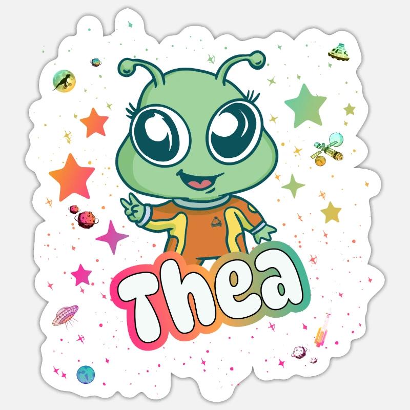 THEA - Schöner Mädchen Name mit süßem Alien Sticker Größe S (10 x 10 cm)