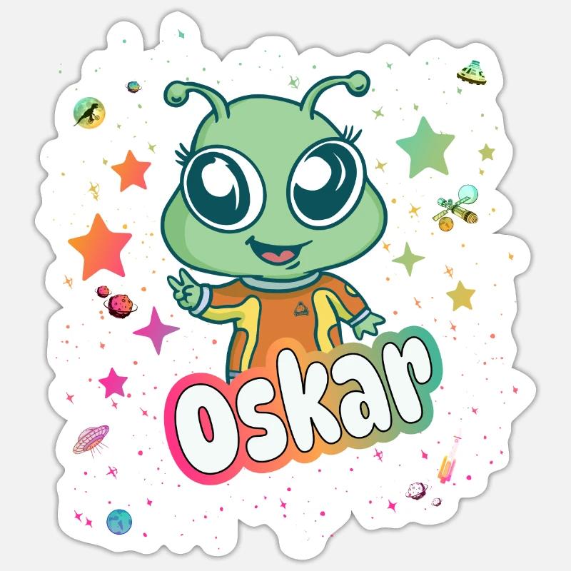 OSKAR - Schöner Junge Name mit süßem Alien - Sticker Größe S (10 x 10 cm) - Mattweiß