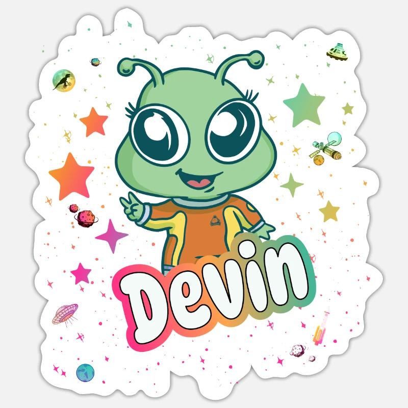 DEVIN - Schöner Junge Name mit süßem Alien Sticker Größe S (10 x 10 cm)