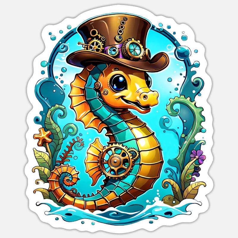 Hippocampe steampunk mignon Sticker taille S (10 x 10 cm)