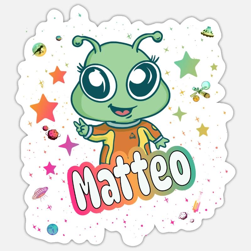 MATTEO - Schöner Junge Name mit süßem Alien Sticker Größe S (10 x 10 cm)