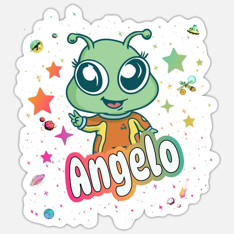 ANGELO - Schöner Junge Name mit süßem Alien Sticker Größe S (10 x 10 cm)