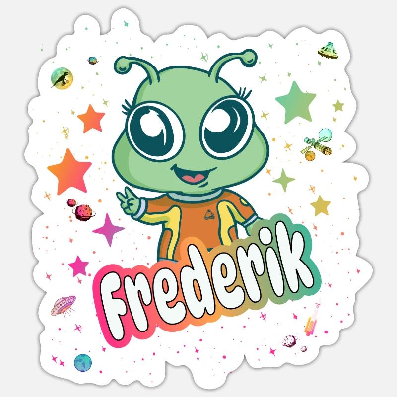 FREDERIK - Beau nom de garçon avec extraterrestre mignon Sticker taille S (10 x 10 cm)
