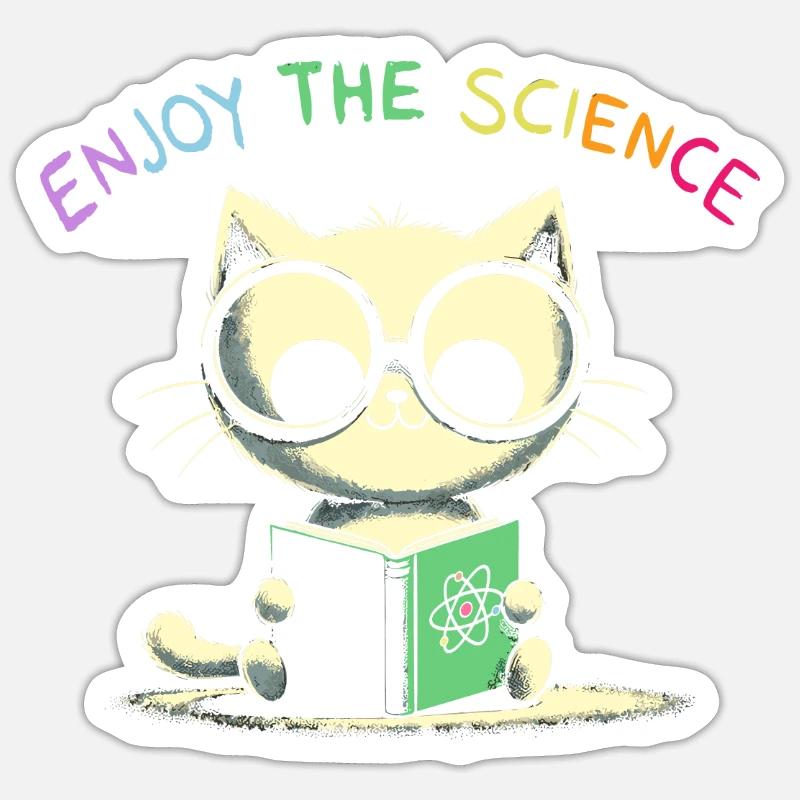 Profitez de la science. Chat d’école mignon. Sticker taille S (10 x 10 cm)