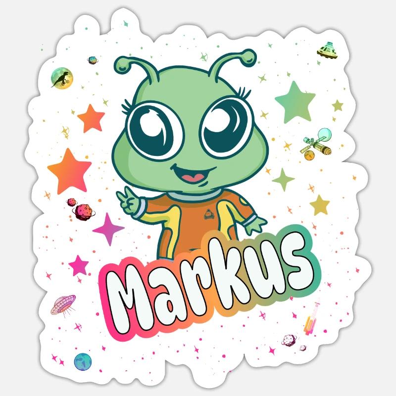 MARKUS - Schöner Junge Name mit süßem Alien Sticker Größe S (10 x 10 cm)
