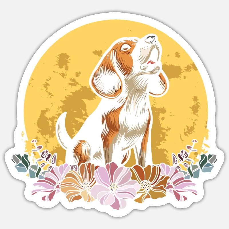 Beagle Lune Florale Sauvage - Sticker taille S (10 x 10 cm) - blanc mat