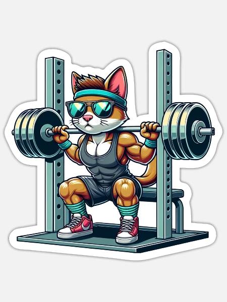 Cool Cartoon Cat Squatting In The Gym - Sticker Größe S (10 x 10 cm) - Mattweiß