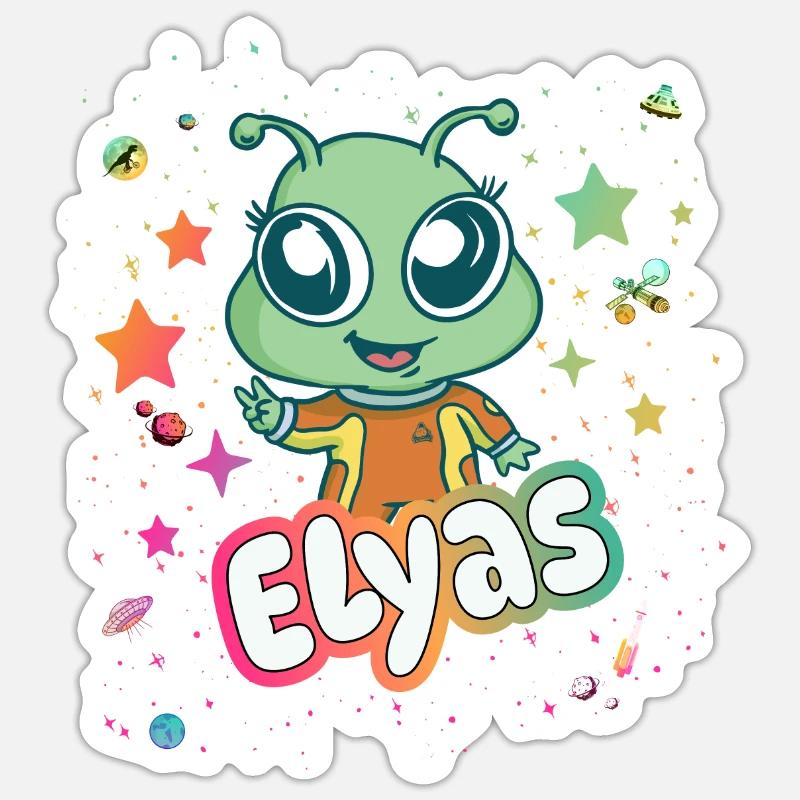 ELYAS - Beau nom de garçon avec un extraterrestre mignon - Sticker taille S (10 x 10 cm) - blanc mat