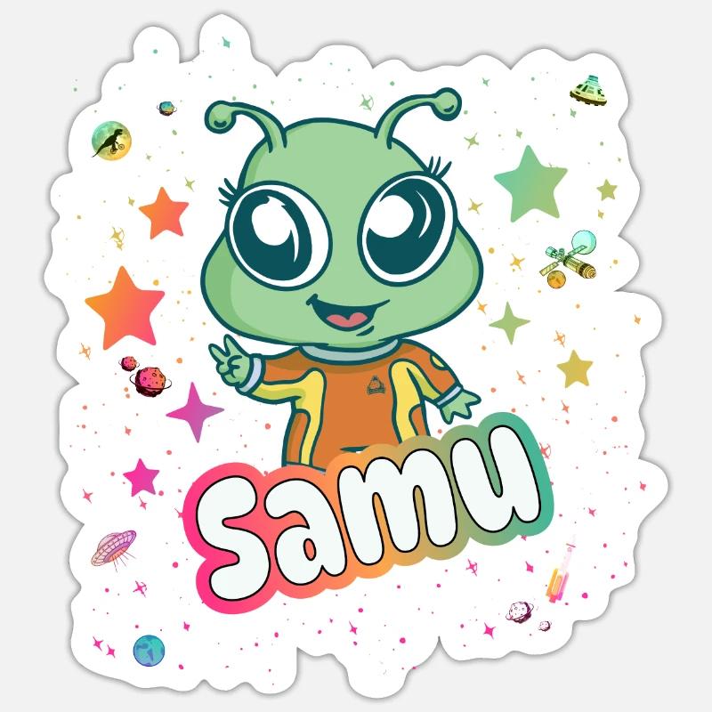 SAMU - Schöner Junge Name mit süßem Alien Sticker Größe S (10 x 10 cm)