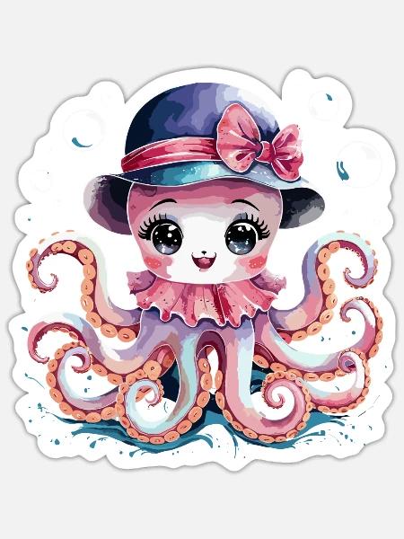 Niedlicher Oktopus mit Hut - Sticker Größe S (10 x 10 cm) - Mattweiß
