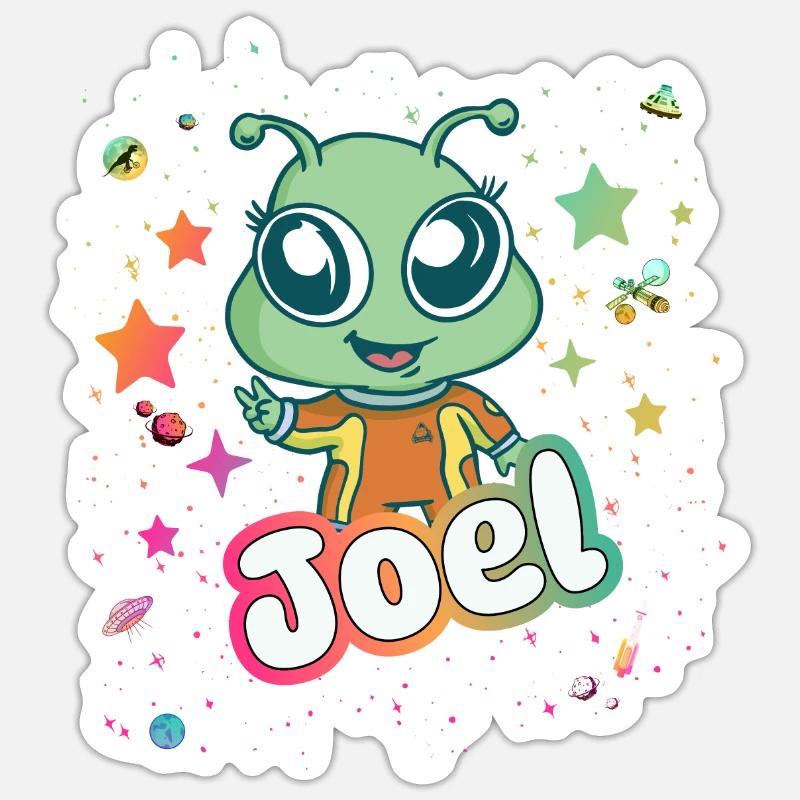 JOEL - Schöner Junge Name mit süßem Alien Sticker Größe S (10 x 10 cm)