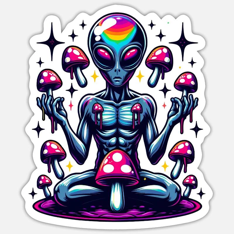 Alien mit Pilzen - Sticker Größe S (10 x 10 cm) - Mattweiß