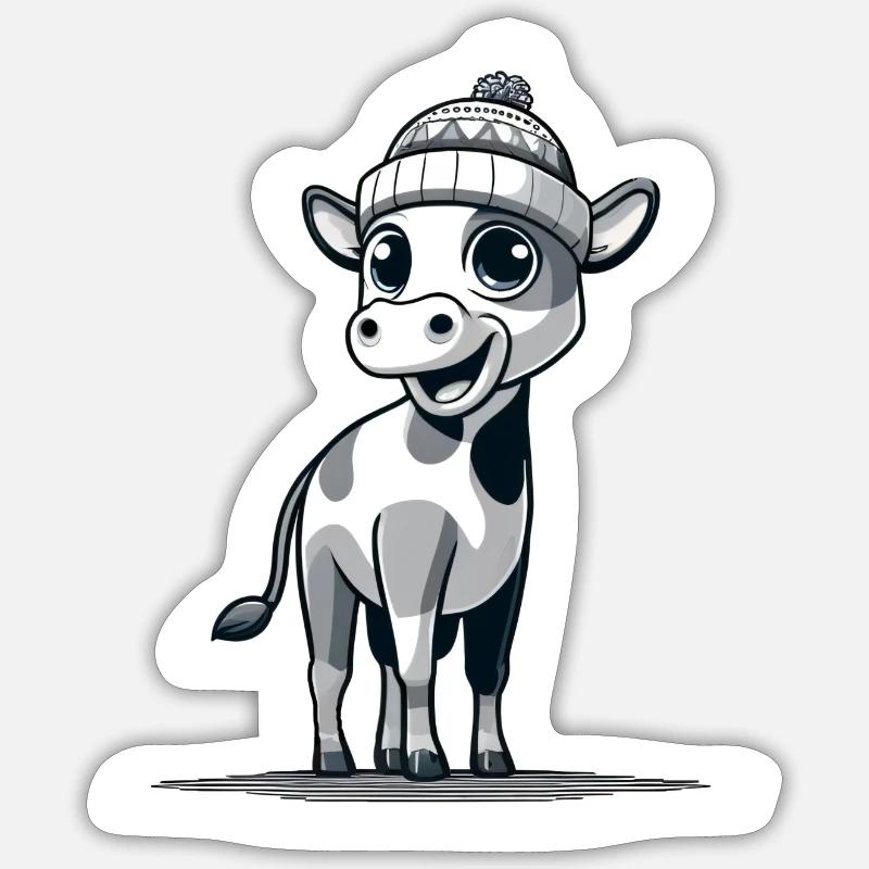 Kälbchen mit Mütze sw - Sticker Größe S (10 x 10 cm) - Mattweiß